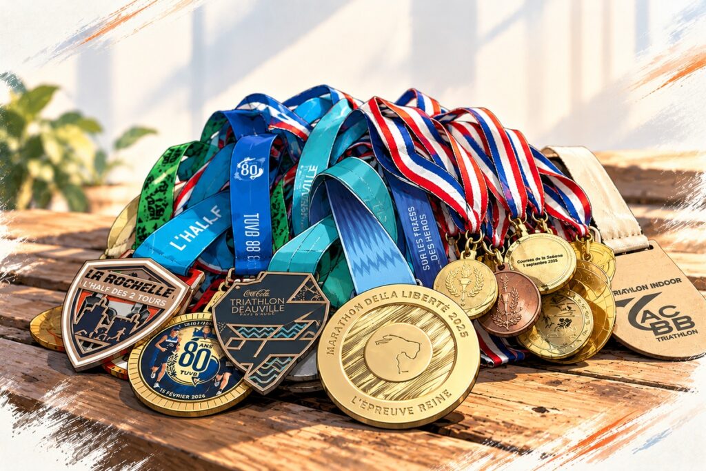 Médailles de courses à pied et de triathlon accumulées au fil des années
